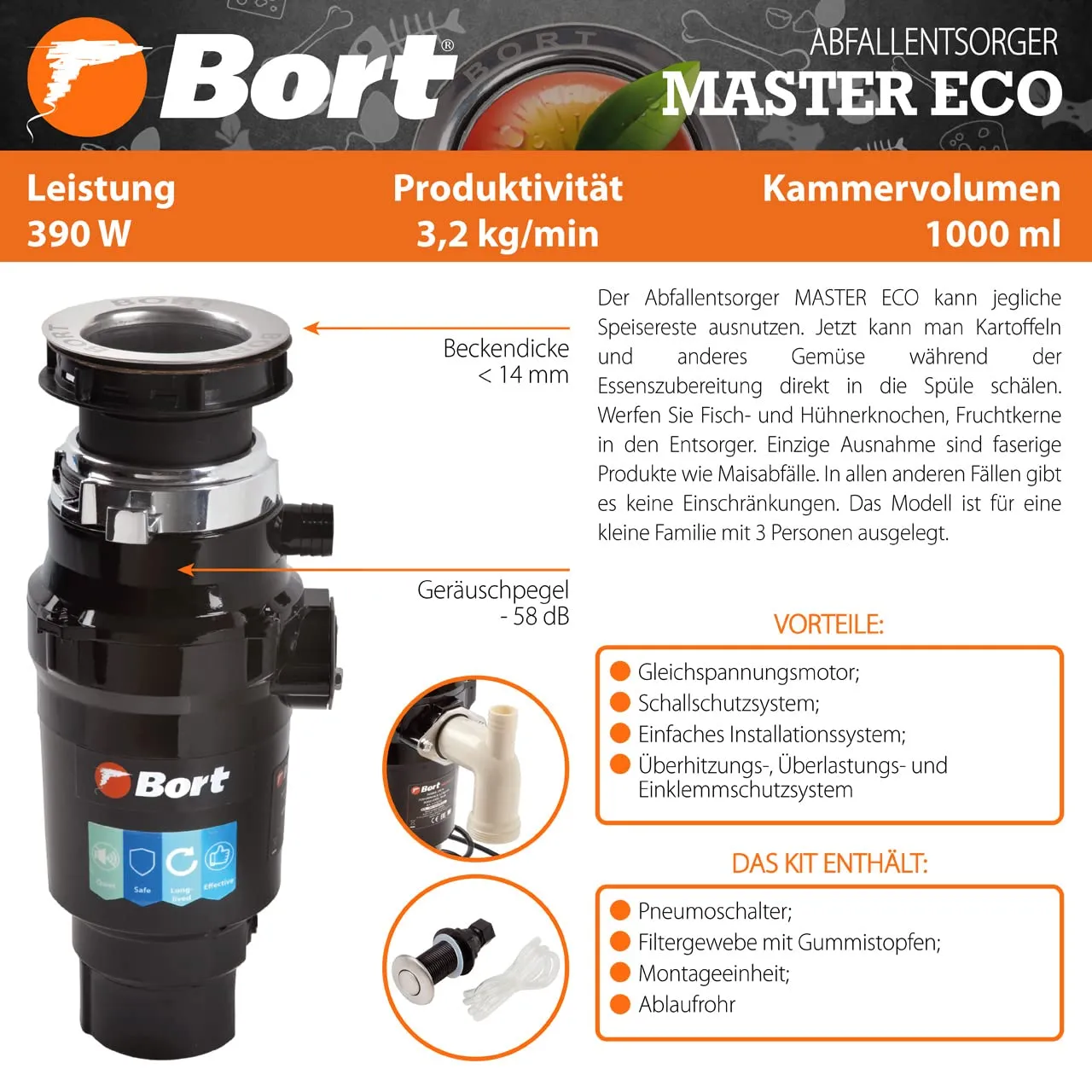 BORT Valco MASTER ECO Abfallentsorger 1000 ml für kleine Haushalte