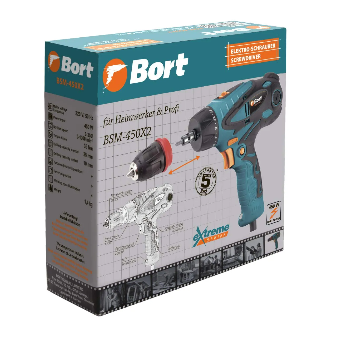 Bort BSM-450X2 Bohrschrauber 450 Watt 35 Nm LED