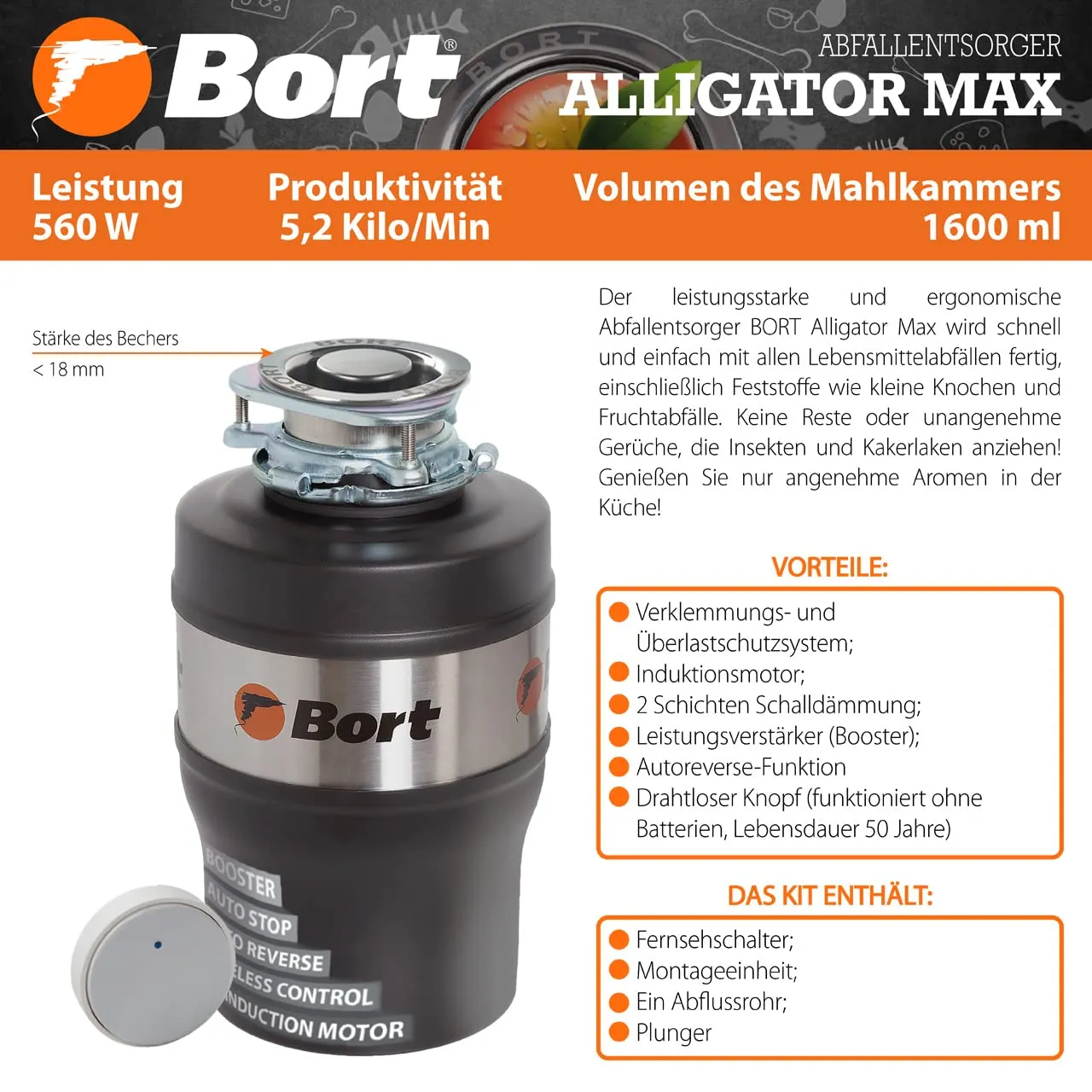 Bort Alligator Max Küchen-Abfallzerkleinerer 1600 ml