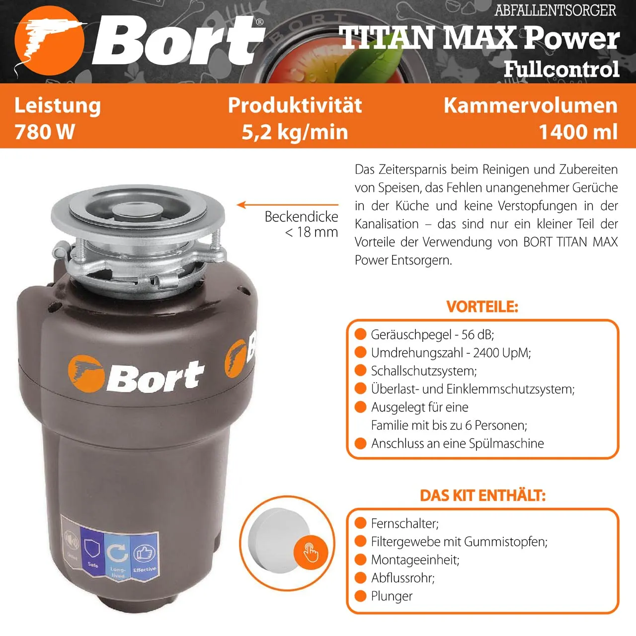 BORT Valco TITAN MAX Power (FullControl) Abfallentsorger 1400 ml