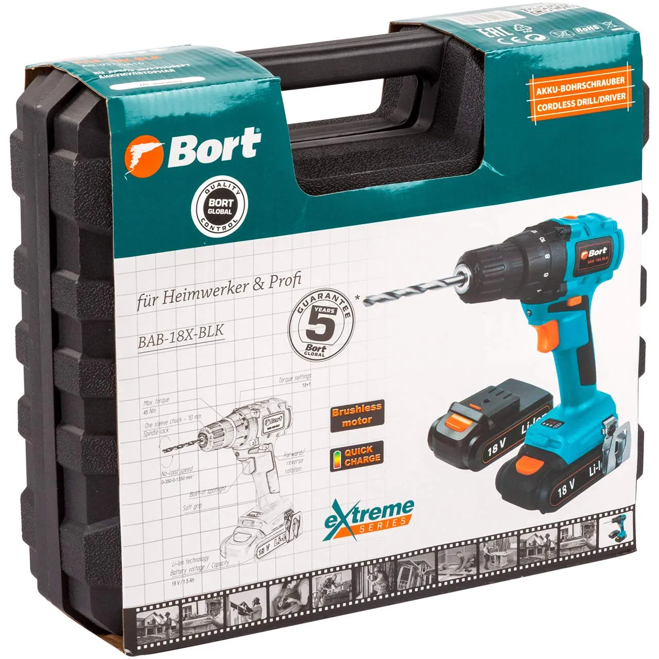 Bort BAB-18X-BLK Akku-Bohrschrauber 18V 2x Akku bürstenlos