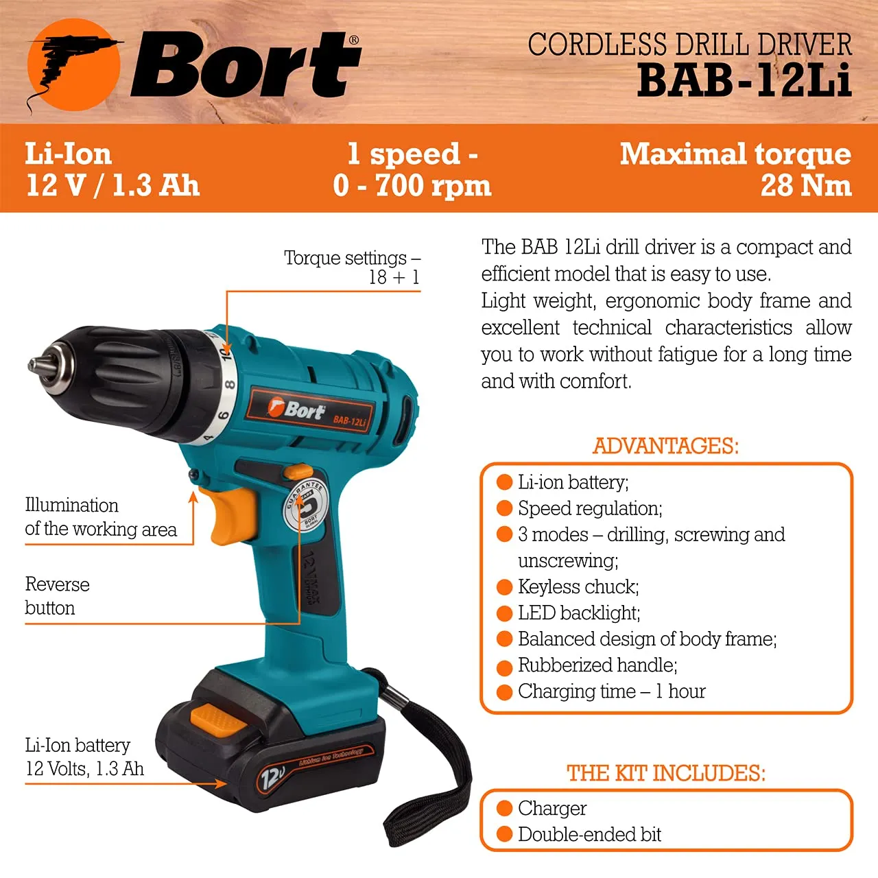 Bort BAB-12Li Akku-Bohrschrauber 12 V 28 Nm