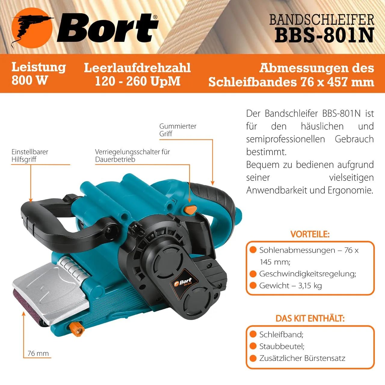 BORT BBS-801N Bandschleifer 800 W 76x457 mm