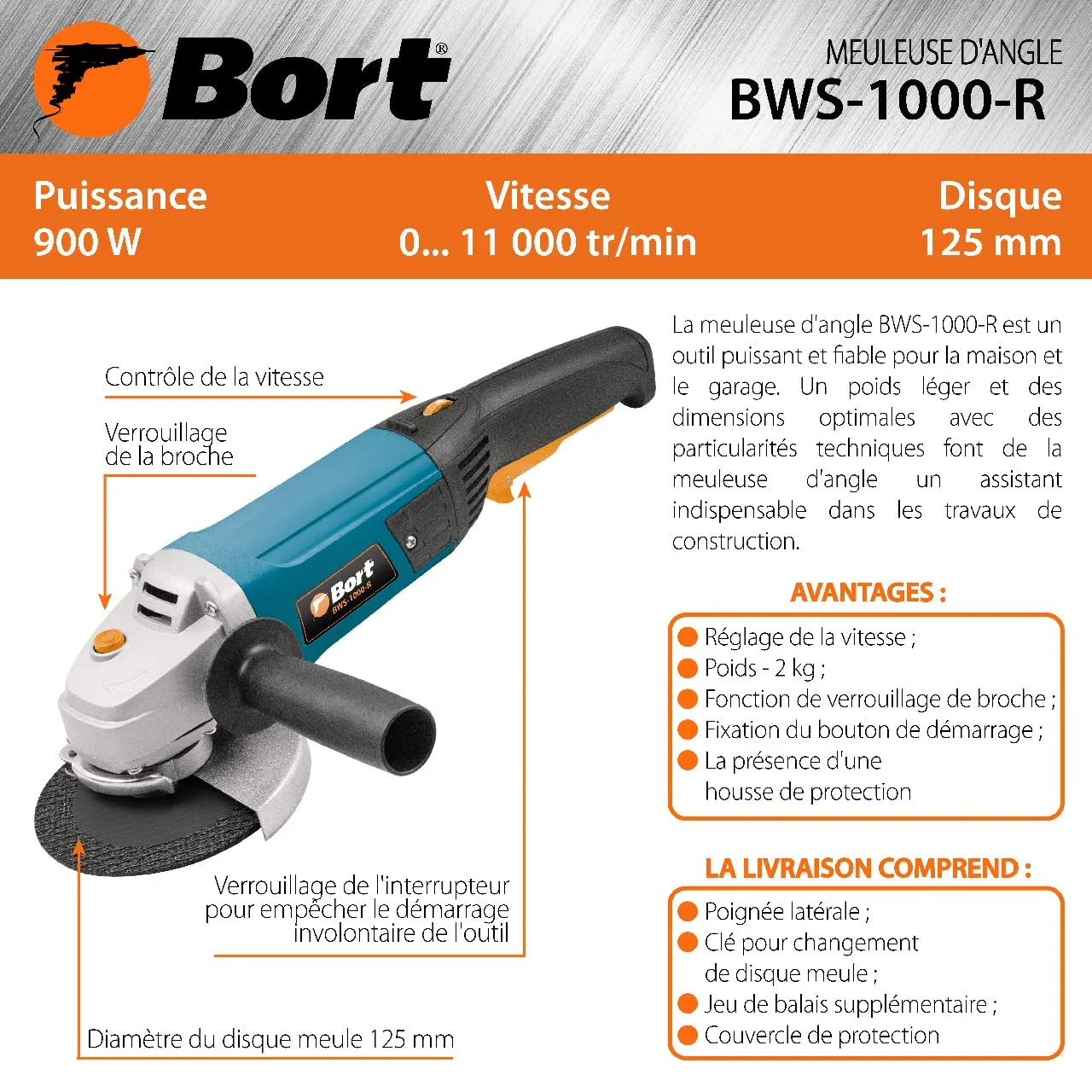 Bort BWS-1000-R Winkelschleifer 125 mm 900 W