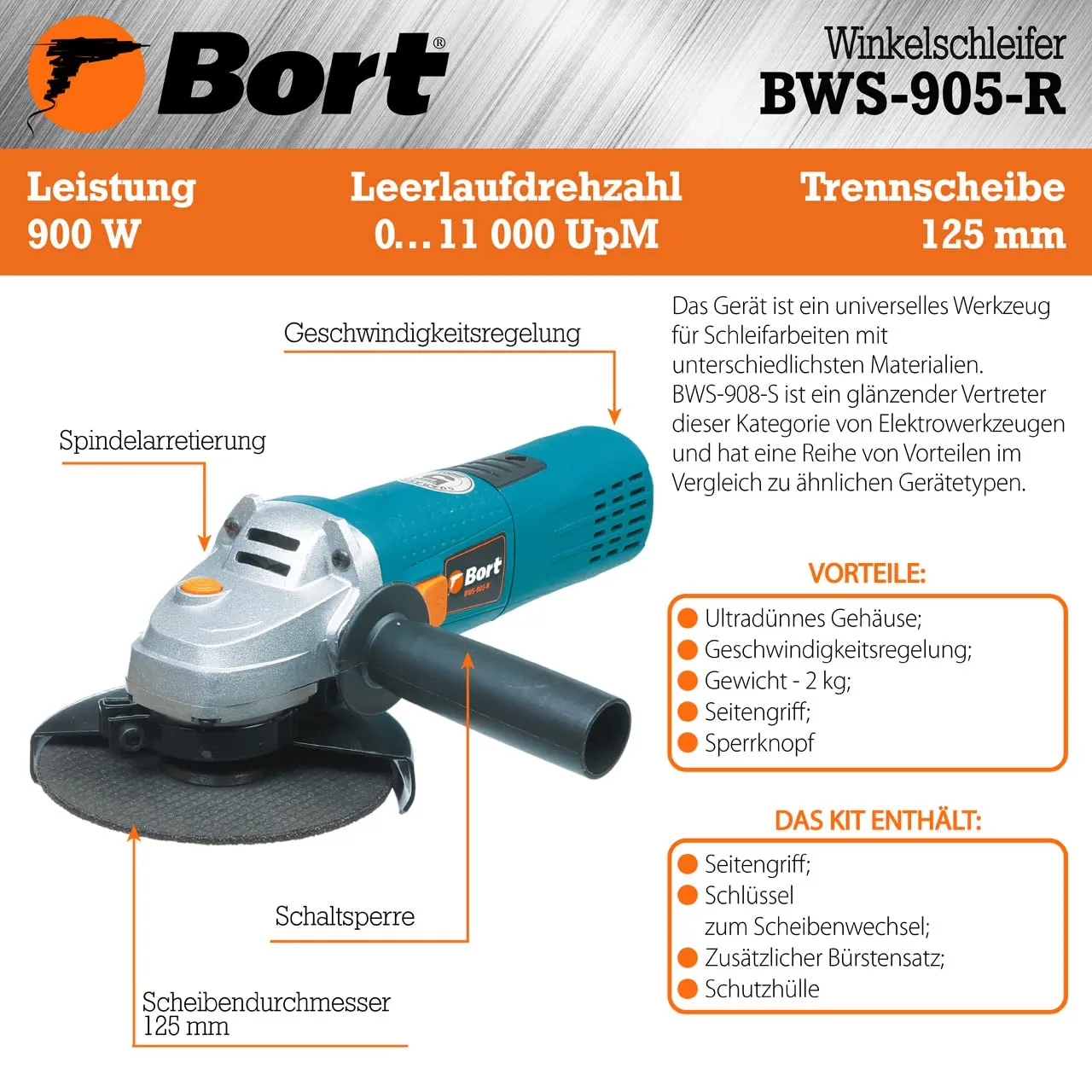 Bort BWS-905-R Winkelschleifer 125 mm 900 W Drehzahlregelung