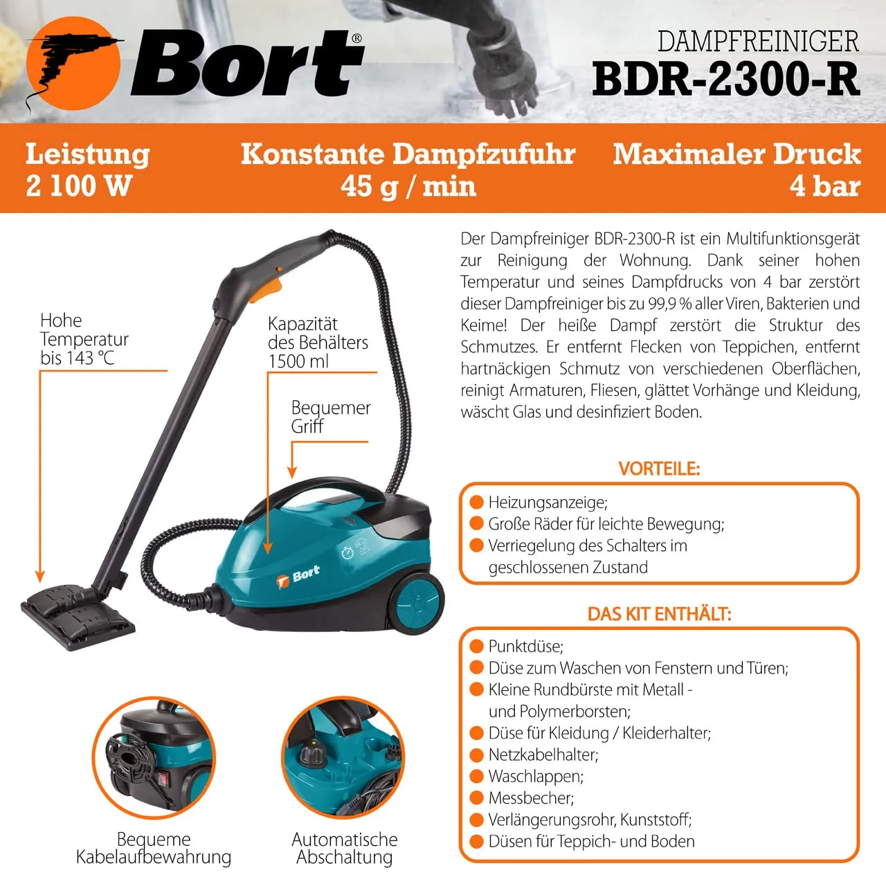 Bort BDR-2300-R Dampfreiniger 1,5 l chemiefrei