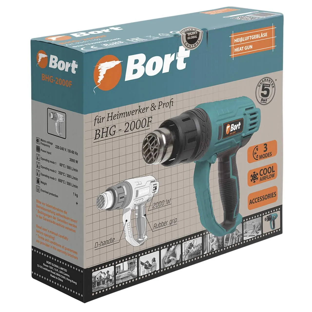BORT BHG-2000F Heißluftpistole 2000 W 3 Stufen mit 4 Düsen