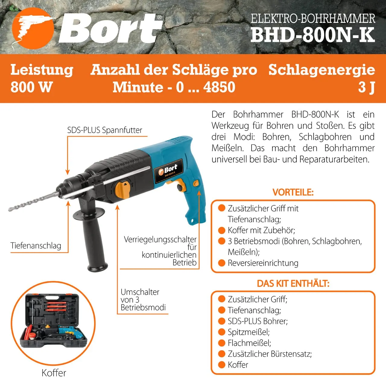BORT BHD-800N-K Bohrhammer SDS-Plus 800 W 3 J