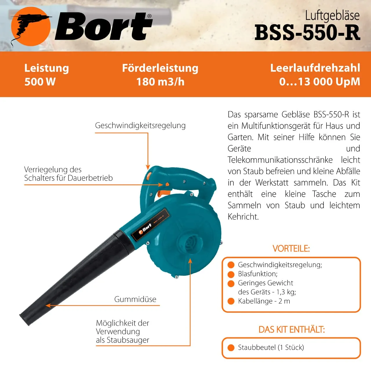 Bort BSS-550-R Luftgebläse 550 W mit Drehzahlregelung