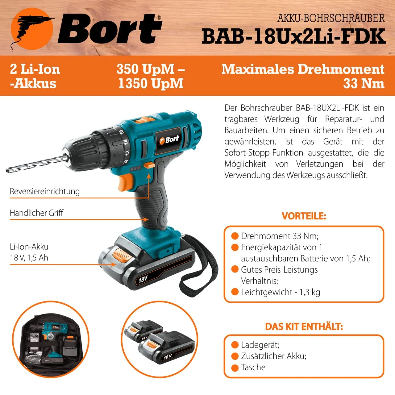 Bort BAB-18Ux2Li-FDK Akku-Bohrschrauber 2x 18 V