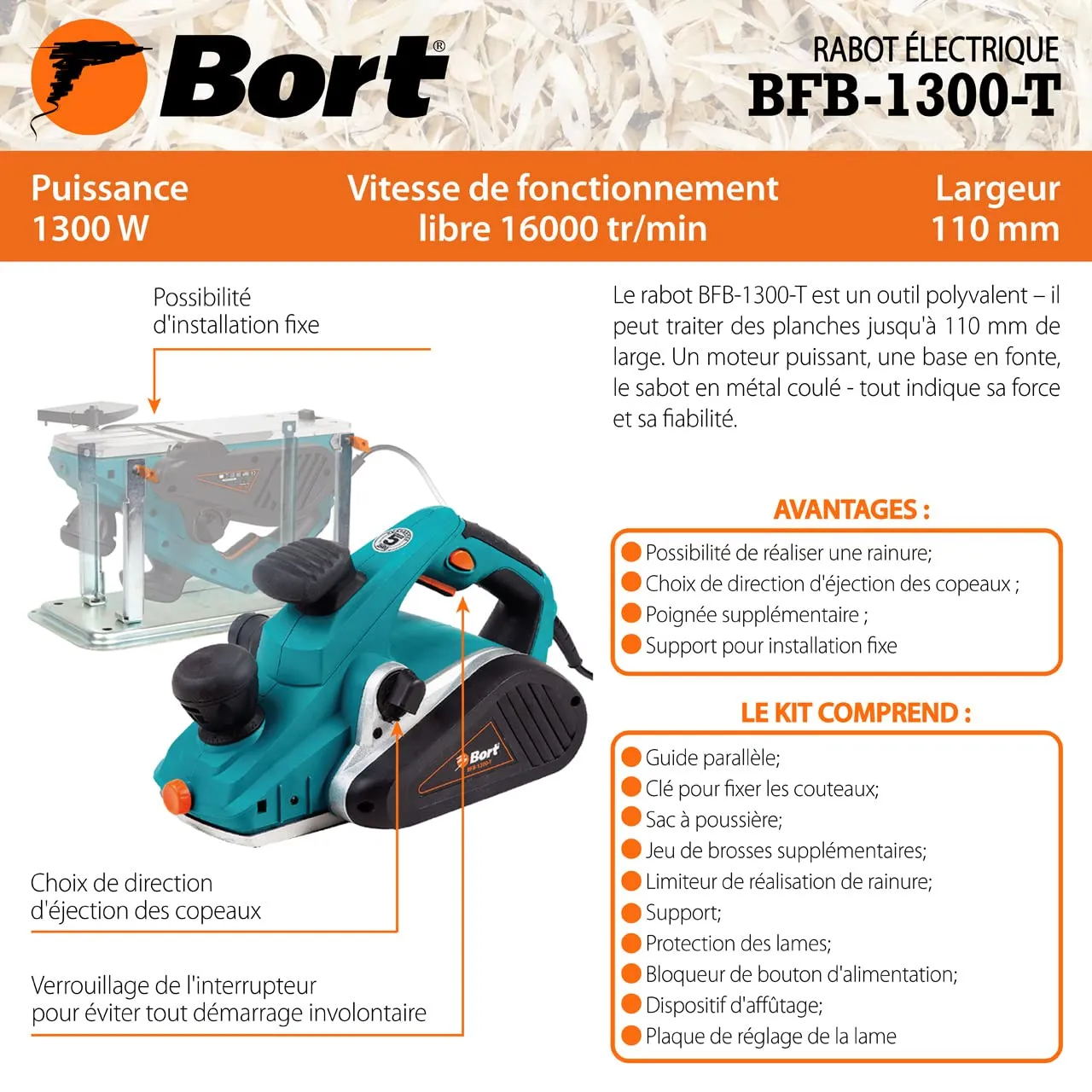 Bort BFB-1300-T Elektrohobel 110 mm 1300 W stationär