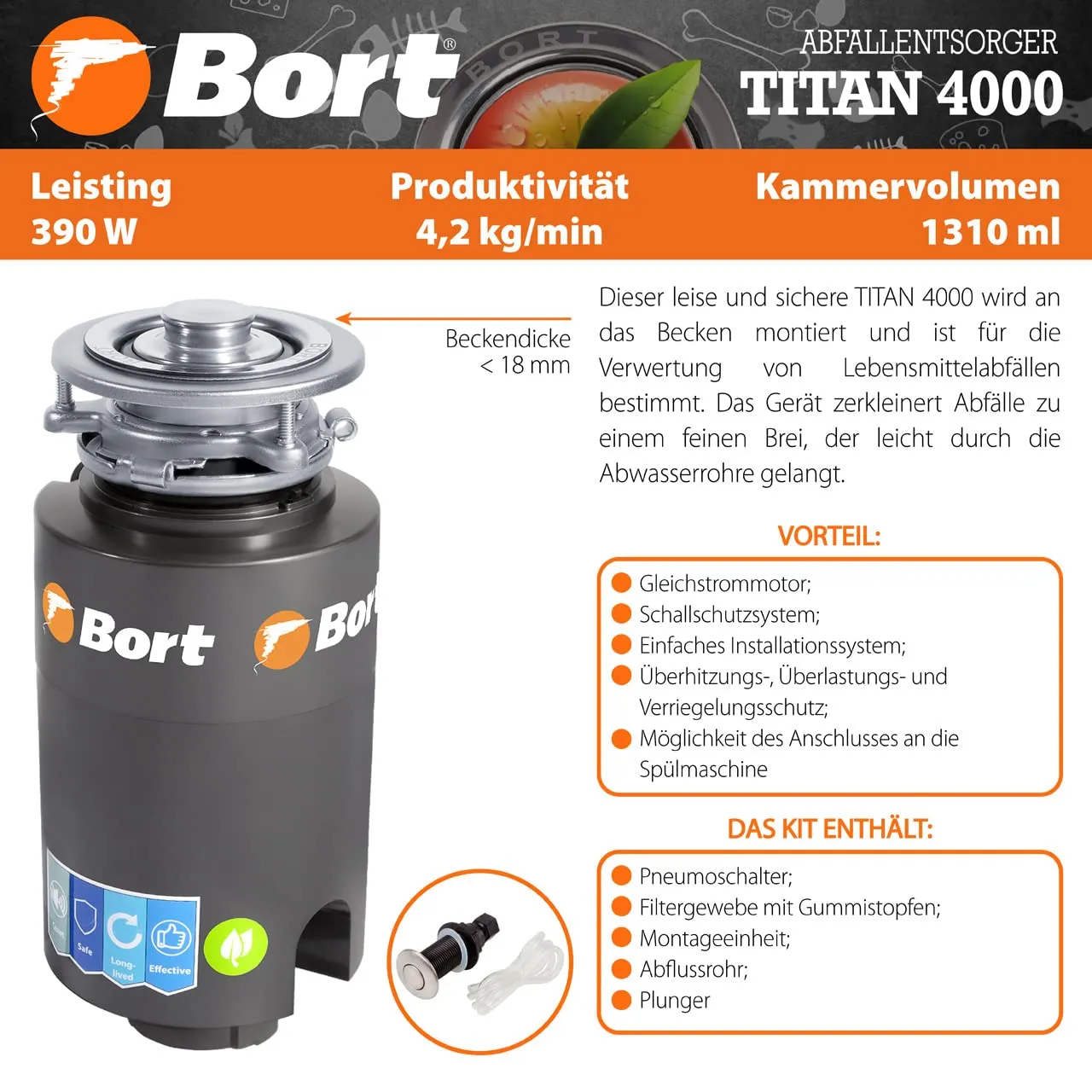 Bort Titan 4000 Abfallzerkleinerer 390 W mit Lärmschutz