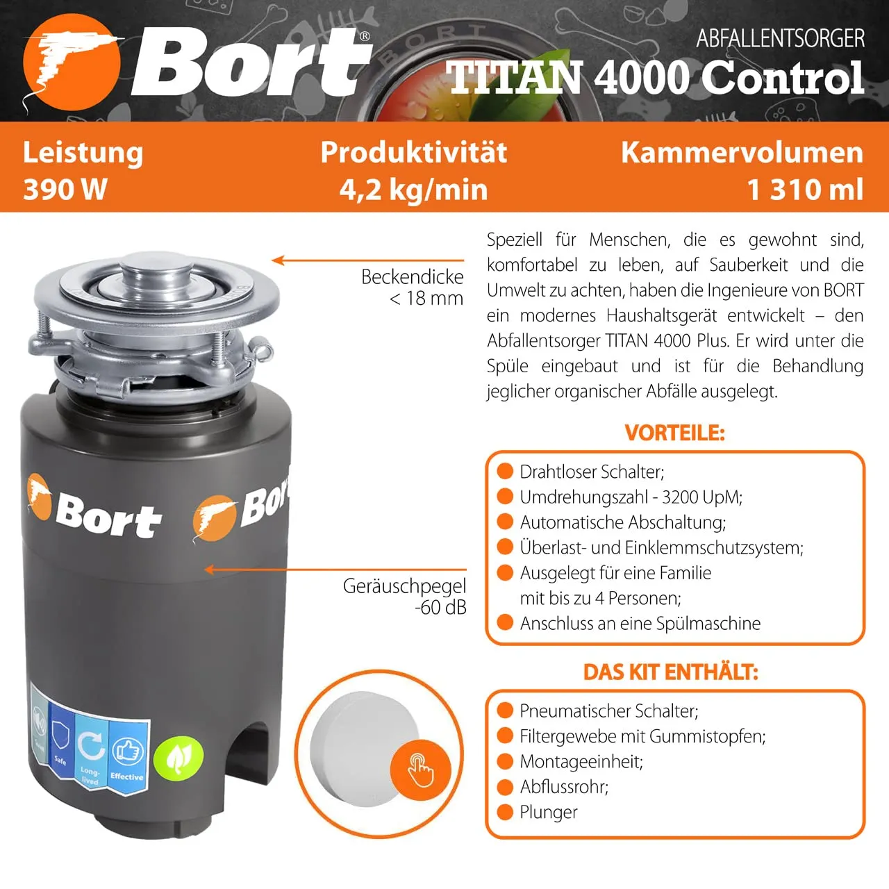 Bort TITAN 4000 Control Abfallentsorger 1310 ml