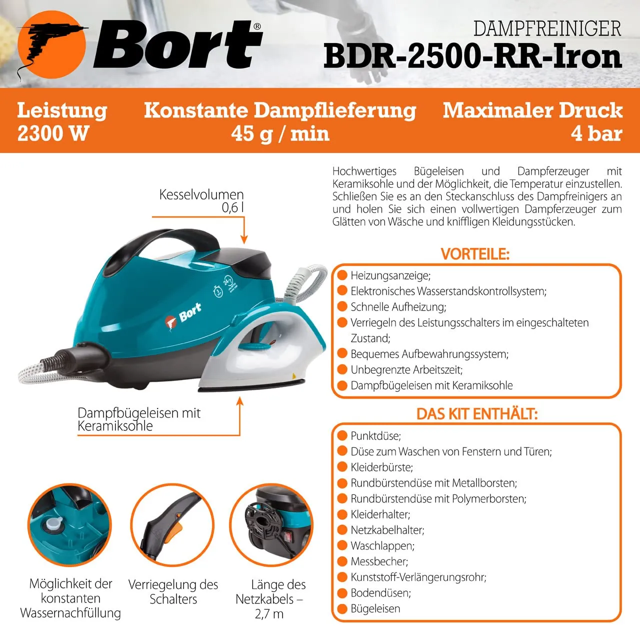 Bort BDR-2500-RR Dampfreiniger 2200 W 1,5 l mit Zubehör