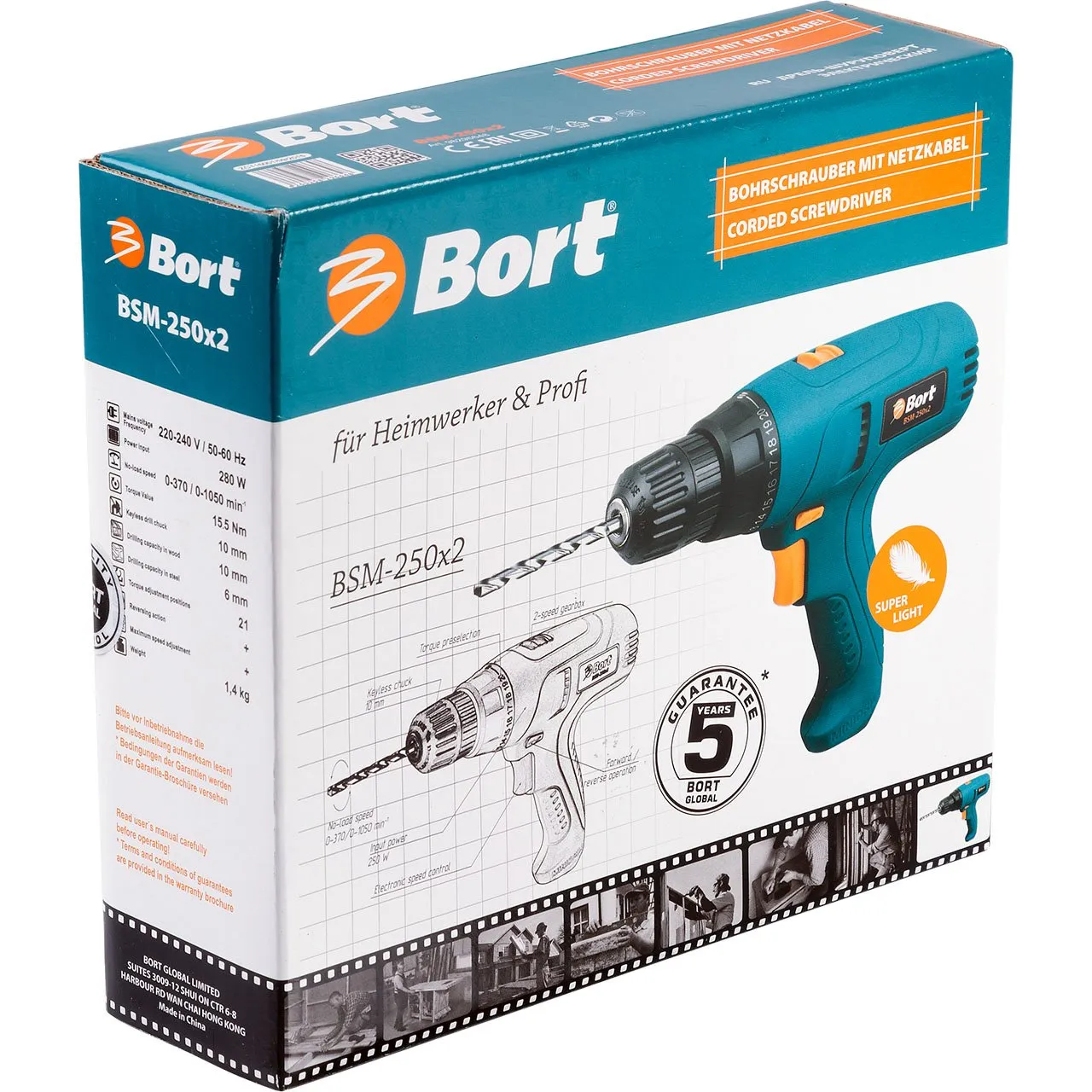Bort BSM-250x2 Netz-Bohrschrauber 280 W 10 mm