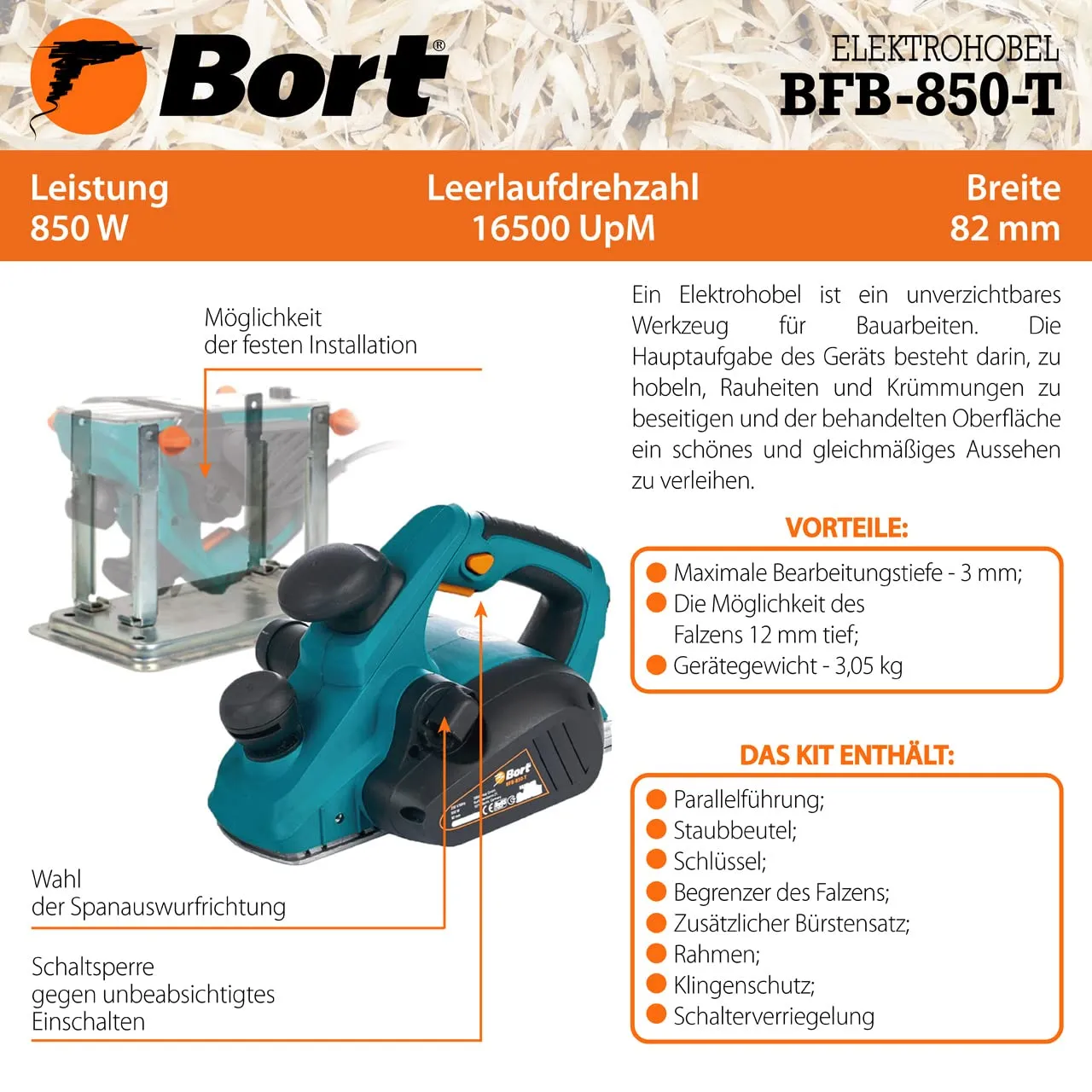 Bort BFB-850-T Elektrohobel 850 W 82 mm